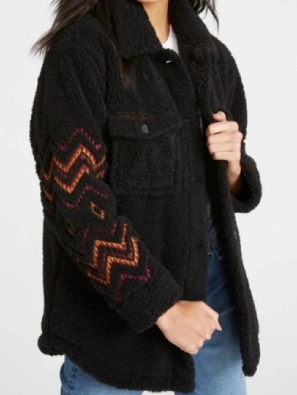 DRIFTWOOD Black Sheena Sherpa Jacket Chevron Aztec Embroidery Western Boho SM